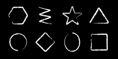 Crayon shapes. Chalk square, triangle, star, circle, zig zag. Handwriting brush figures. Best for kids theme, poster, texture. White shapes on black background vector