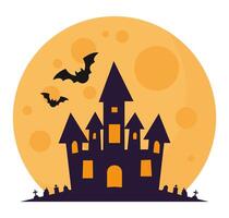 Flat icon of castle with bats and full moon in halloween night isolated on white background. vector