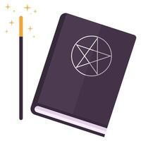 Magic book with magic wand and stars flying out flat icon isolated on white background. vector