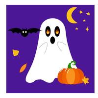 Halloween ghost with a pumpkin and fire in eyes. design composition on isolated background. Cartoon style. vector