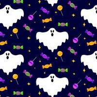 Halloween seamless pattern with ghost, candy and lolipop. Cute holiday repeated texture. Childish hand drawn background with cartoon characters vector