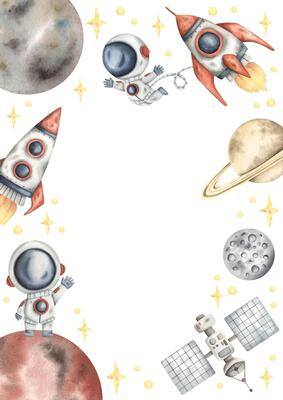 Space watercolor hand-drawn frame with little astronaut, rocket, planets and stars. Cute cartoon composition for kids