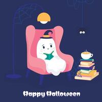 Halloween poster with a ghost sitting on a chair with a pumpkin and a book with a spider web vector