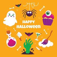 Halloween set with a ghost a cupcake a potion a zombie hand and spider on a yellow background vector