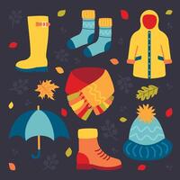 autumn set consisting of boots a coat socks a scarf an umbrella boots and a warm hat vector