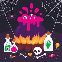 poster for a halloween party with bottles of alcohol and a spider web vector