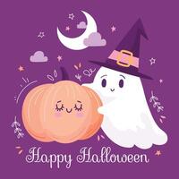 ghost and a pumpkin are hugging against the backdrop of the moon of Halloween vector