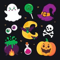 Set of Halloween icons on a black background with a moon a ghost a pumpkin eyes and a potion vector