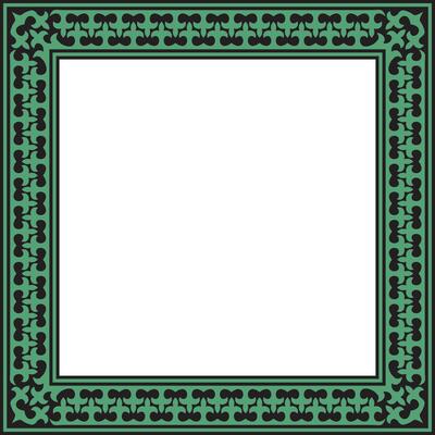 green with black Square Kazakh national ornament. Ethnic pattern of the peoples of the Great Steppe, Mongols, Kyrgyz, Kalmyks, Buryats. Square frame border.