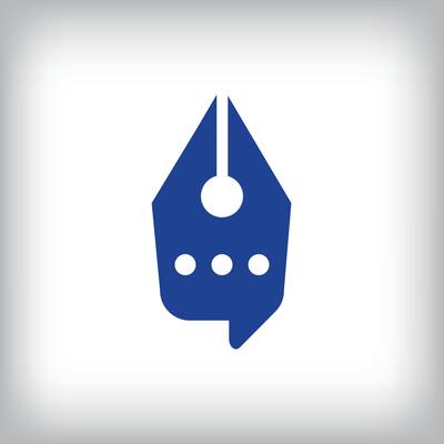 Speech bubble logo design in unique fountain pen sign form. Simple geometric corporate identity design.