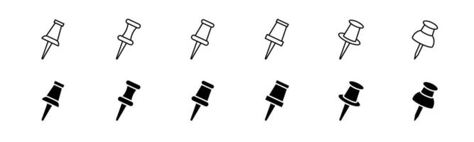 Push pin icon set. Line and fill drawing pin. Thumbtack icon vector