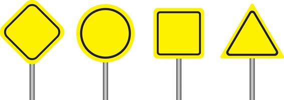 sign boards template in poles with yellow rectangle, rounds, triangle warning sign with black lines vector