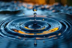 High-Speed Water Drop Splash with Ripple Effect and Golden Light Reflections Nature Background for Design, Prints, and Posters photo