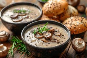 Rustic Mushroom Soup with Fresh Rosemary and Seeded Bread Rolls - Perfect for Cozy Dining photo
