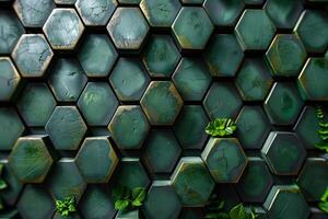 Geometric Hexagonal Pattern with Green Tones and Leaf Elements - Perfect for Wall Art, Interior Design, and Textures photo