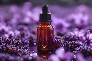 Aromatherapy Essence Bottle with Lavender Flowers - Apothecary, Wellness, and Relaxation Concept photo