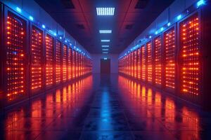 Futuristic Data Center Hallway with Illuminated Server Racks in Blue and Red Light photo