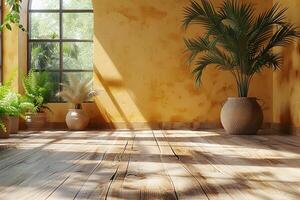 Sunlit Indoor Garden with Tropical Greenery and Rustic Wooden Floor Perfect for Interior Design, Print, and Home Decor Projects photo