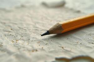 Close-Up of Sharp Yellow Pencil on Textured Parchment Surface for Art and Writing Concepts photo