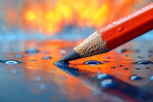 Close-Up of Orange Pencil Tip on Reflective Surface with Vibrant Bokeh Background for Creative Design photo