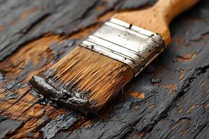 Wooden Brush with Paint on Rustic Wooden Surface for Artistic Projects photo