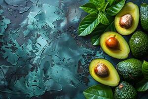 Fresh Avocado Arrangement on Artistic Green Background for Culinary Design and Healthy Living photo