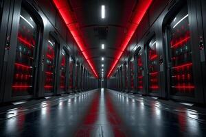 Futuristic Data Center with Red LED Lighting for High-Tech Design and Innovation photo