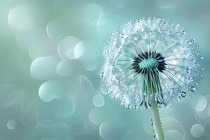 Dandelion with Water Droplets on Distinctive Aqua Bokeh Background photo