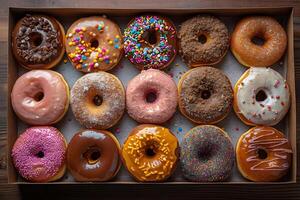 Assorted Donuts with Colorful Sprinkles in a Box for Food Photography and Bakery Promotion photo