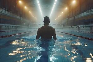 Determined Swimmer Training in Indoor Pool Under Dramatic Lighting photo