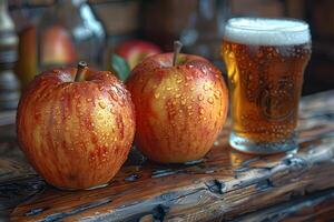 Autumn Harvest Fresh Apples and Craft Cider on Rustic Wooden Table photo