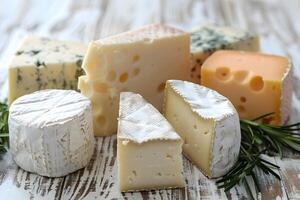 Assorted Gourmet Cheeses on Rustic Wooden Table - Culinary Art and Elegant Food Presentation photo