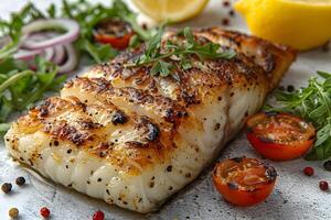 Grilled Seasoned Cod Fillet with Lemon, Peppercorn, and Arugula Garnish for Culinary Display photo