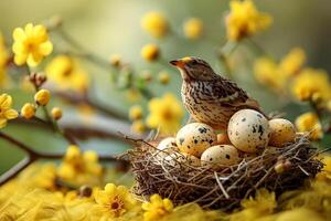 Springtime Nesting Scene with Bird, Quail Eggs, and Blossoming Yellow Flowers - Nature's Renewal Photography photo