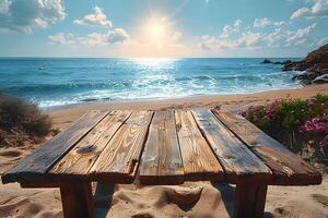 Serene Seaside View with Rustic Wooden Table Under Bright Sunshine for Summer Relaxation photo
