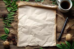 Rustic Autumn Workspace with Notebook, Coffee, and Natural Elements for Seasonal Design photo