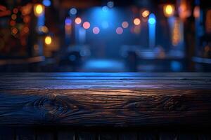 Rustic Wooden Table with Blurred Bokeh Lights in Cozy Indoor Setting for Background Use photo