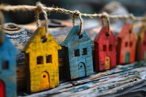 Rustic Wooden Keychains with Vibrant Houses for Decorative and Gift Purposes photo