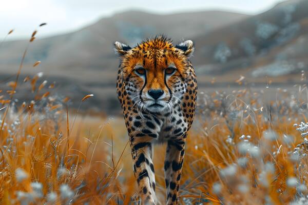 Wild Cheetah in Autumn Setting Amidst Grassy Plains
