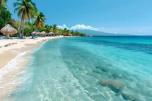 Tropical Beach Paradise Scene with Clear Blue Waters and Palm Trees - Ideal for Summer Vacation Themes photo
