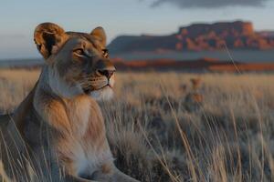 Majestic Lioness in African Savannah at Sunset photo