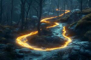 Enchanted Forest Trail with Illuminated Pathway for Fantasy Design and Adventure Themes photo