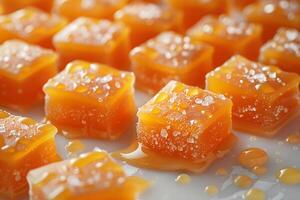 Delicious Caramel Squares Dripping with Sweetness and Texture for Dessert Photography photo