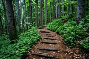 Serene Forest Pathway with Wooden Steps in Lush Greenery photo