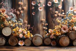 Rustic Floral Arrangement with Log Display for Autumn Decor and Event Styling photo
