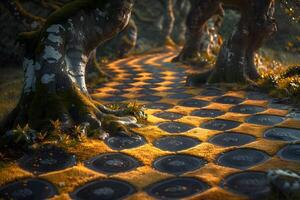 Enchanted Forest Pathway with Sunlit Checkerboard Pattern photo