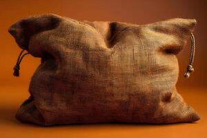 Rustic Burlap Sack on Warm Orange Background for Natural Design and Decor Concepts photo