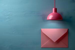 Minimalistic Pink Envelope with Pendant Light Against Blue Background for Creative Design photo