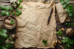 Rustic Writing and Nature Elements with Crumpled Paper and Greenery for Creative Designs photo