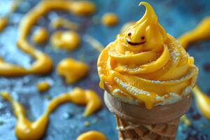 Whimsical Mango Ice Cream Cone with Smiling Swirl on Artistic Background photo
